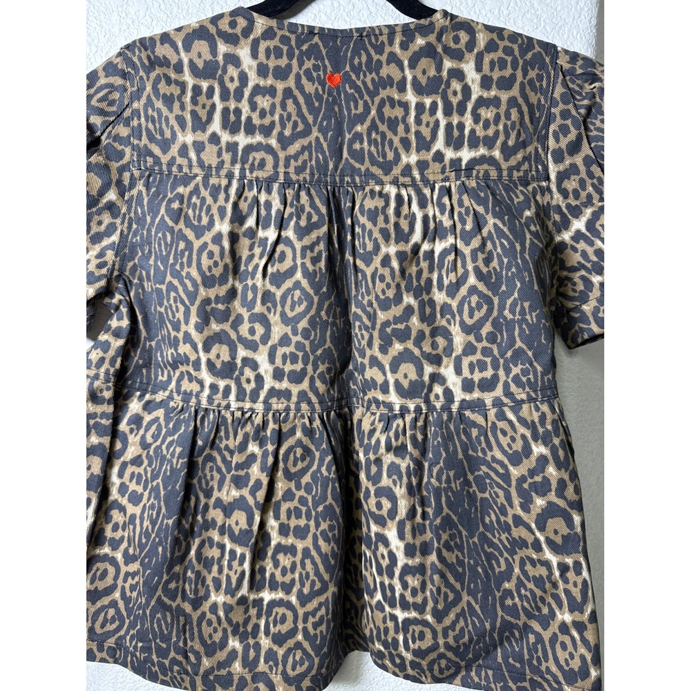 Gigio USA Tiered Leopard Print Babydoll Puff Sleeve Tie Front Top V-neck Small - Picture 7 of 8